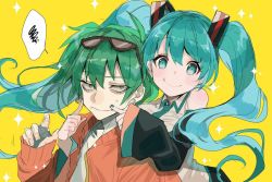 Rule 34 | 2girls, aqua eyes, aqua hair, bad id, bad twitter id, bags under eyes, detached sleeves, dual persona, earrings, eyewear on head, green eyes, green hair, hatsune miku, jacket, jewelry, long hair, looking at viewer, multiple girls, shirt, simple background, smile, sparkle, suna no wakusei (vocaloid), sunglasses, twintails, vocaloid, yellow background