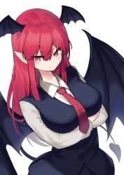 Rule 34 | 1girl, bat wings, black skirt, black vest, blush, breast hold, breasts, buttons, closed mouth, collared shirt, commentary request, crossed arms, dress shirt, evil smile, eyelashes, garasuno, hair between eyes, head wings, heart, highres, koakuma, large breasts, lips, long hair, long sleeves, looking at viewer, necktie, pink background, pointy ears, red eyes, red hair, red necktie, shirt, sidelocks, simple background, skirt, skirt set, smile, solo, standing, touhou, valentine, very long hair, vest, white shirt, wing collar, wings
