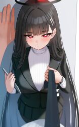 Rule 34 | 1boy, 1girl, absurdres, black hair, black nails, black necktie, black skirt, blue archive, blurry, breasts, bright pupils, buttons, depth of field, fingernails, hair ornament, hairpin, halo, highres, large breasts, long hair, looking at viewer, mijikayo, nail polish, necktie, open mouth, pleated skirt, red eyes, ringed eyes, rio (blue archive), sensei (blue archive), skirt, sweater, turtleneck, turtleneck sweater, watch, white pupils, white sweater, wristwatch