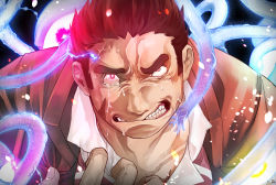 Rule 34 | 1boy, anger vein, angry, berserker rage, close-up, facial hair, fighting stance, glowing, tamamura gunzo, highres, kidomh63, male focus, muscular, muscular male, pectorals, solo, spirit, tearing up, teeth, tentacles, thick eyebrows, tokyo houkago summoners