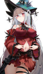 Rule 34 | 1girl, arknights, bare shoulders, blue hat, blush, breasts, closed mouth, commentary request, detached sleeves, dress, flying sweatdrops, frilled sleeves, frills, grey hair, groin, hair between eyes, hat, highres, long hair, long sleeves, looking at viewer, medium breasts, navel, no panties, official alternate costume, red dress, red eyes, red sleeves, ru zhai, simple background, skadi (arknights), skadi the corrupting heart (arknights), skindentation, sleeveless, sleeveless dress, sleeves past wrists, solo, very long hair, white background, wide sleeves