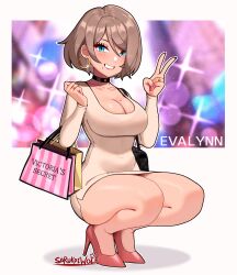 Rule 34 | 1girl, absurdres, aqua eyes, artist name, bag, bare legs, black choker, blue eyes, blurry, blurry background, blush, bob cut, breasts, brown hair, character name, choker, cleavage, collarbone, commentary, curvy, diffraction spikes, dress, earrings, english commentary, fingernails, full body, gold, grin, hair between eyes, handbag, hands up, high heels, highres, hoop earrings, jewelry, large breasts, legs, lipstick, long fingernails, long sleeves, looking at viewer, makeup, medium hair, mole, mole on breast, mole under mouth, original, outside border, pencil dress, pink footwear, pink nails, product placement, ring, sarukaiwolf, scoop neck, shopping, shopping bag, short dress, smile, solo, squatting, swept bangs, tan dress, thick eyelashes, thick thighs, thighs, tight clothes, tight dress, tsurime, v, wide hips