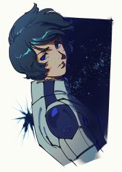 Rule 34 | 1boy, bad id, bad twitter id, blue eyes, blue hair, commentary, crack, floating hair, gundam, highres, kamille bidan, looking back, male focus, mi (ppeuang1), pilot suit, science fiction, shadow, short hair, solo, space, symbol-only commentary, upper body, zeta gundam