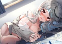 Rule 34 | 1girl, absurdres, black hair, breasts, cleavage, fang, grey hair, highres, hololive, large breasts, long hair, looking at viewer, lying, multicolored hair, nail polish, on bed, on side, pill, pov across bed, red eyes, red nails, sakamata chloe, see-through, shagaihi, sick, skin fang, solo, streaked hair, sweat, tearing up, virtual youtuber