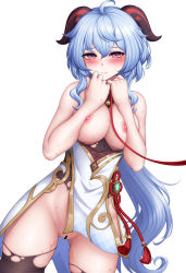 Rule 34 | 1girl, absurdres, ahoge, bar censor, bare shoulders, bell, blue hair, blush, breasts, censored, closed mouth, commentary, cowboy shot, embarrassed, ganyu (genshin impact), genshin impact, gluteal fold, goat horns, hair between eyes, half-closed eyes, hands up, highres, horns, jc shikikan, jingle bell, large breasts, leash, long hair, looking at viewer, nipples, simple background, solo, sweat, tassel, thighs, torn clothes, viewer holding leash, vision (genshin impact), white background