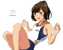 Rule 34 | 168admiral (sunflower), 1girl, blue one-piece swimsuit, brown eyes, brown hair, hair ornament, hairclip, highres, i-401 (kancolle), kantai collection, looking at viewer, one-hour drawing challenge, one-piece swimsuit, orange sailor collar, sailor collar, school swimsuit, shirt, side-tie shirt, simple background, sleeveless, sleeveless shirt, solo, swimsuit, swimsuit under clothes, white background