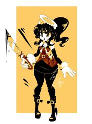 Rule 34 | 1girl, alice (bendy and the ink machine), allison (bendy and the ink machine), bag, bendy and the ink machine, black footwear, black hair, black lips, boots, breasts, detached sleeves, gloves, halo, high heel boots, high heels, horns, ponytail, sword, thighhighs, weapon, zanty chan