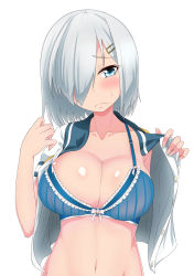 Rule 34 | 10s, 1girl, blue bra, blue eyes, bra, breasts, burusuta, collarbone, embarrassed, hair ornament, hair over one eye, hairclip, hamakaze (kancolle), highres, kantai collection, large breasts, looking at viewer, open clothes, open shirt, school uniform, serafuku, shiny skin, shirt, short hair, silver hair, simple background, solo, underwear, upper body, wavy mouth, white background