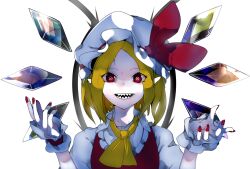 Rule 34 | 1girl, ascot, backlighting, blonde hair, bow, collared shirt, crazy eyes, crystal, flandre scarlet, frilled shirt collar, frills, hat, hat bow, hat ribbon, ikurauni, looking at viewer, medium hair, mob cap, multicolored wings, nail polish, pointy ears, puffy short sleeves, puffy sleeves, red bow, red eyes, red nails, red ribbon, red vest, ribbon, sharp teeth, shirt, short sleeves, simple background, solo, teeth, touhou, vest, white background, white hat, white shirt, wings, wrist cuffs, yellow ascot