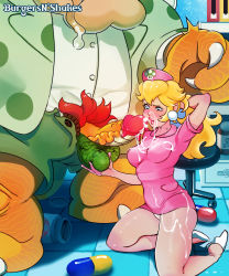 Rule 34 | 1-up mushroom, 1boy, 1girl, absurdres, arm behind head, artist name, blonde hair, blouse, blue eyes, bowser, breasts, burgersnshakes, caressing testicles, chair, claws, closed mouth, coat, cum, cum on body, cum on breasts, cum on clothes, cum on upper body, dr. mario (game), dress, dress shirt, drooling, earrings, erection, eyelashes, facial, green coat, green shorts, hat, head out of frame, high heels, highres, indoors, jewelry, kneeling, large penis, large testicles, lips, long hair, looking at penis, male pubic hair, mario (series), medicine bottle, nintendo, nose, nurse, nurse cap, office chair, open fly, panties, penis, pill, pink dress, pink headwear, pink lips, princess peach, print headwear, pubic hair, pussy, raised eyebrow, shadow, shirt, short sleeves, shorts, standing, sweat, swivel chair, testicle grab, testicles, underwear, veins, veiny penis, white footwear, white shirt, zipper