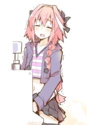 Rule 34 | 1boy, astolfo (fate), astolfo (memories at trifas) (fate), blush, braid, casual, contemporary, fate/apocrypha, fate (series), hair ribbon, long hair, lowres, male focus, midriff, nanateru, official alternate costume, open mouth, peeing, pink hair, ribbon, single braid, skirt, smile, solo, toilet use, trap, trembling, urinal, urinal use