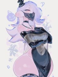 Rule 34 | 1girl, arm under breasts, bare hips, bare shoulders, black choker, black dress, black gloves, blue hair, blush, breasts, choker, dress, gloves, gluteal fold, grin, hair over one eye, hat, highres, large breasts, long hair, mouth veil, nintendo, octoling, octopus girl, one eye covered, pelvic curtain, red eyes, shiver (splatoon), smile, splatoon (series), splatoon 3, suction cups, tentacle hair, thick thighs, thighhighs, thighs, usa37107692, veil, wide hips