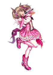 Rule 34 | 1girl, absurdres, adapted costume, animal ears, blush, boots, commentary request, cropped jacket, dress, elbow gloves, frilled dress, frills, full body, gloves, highres, holding, holding microphone, horse ears, horse girl, horse tail, jacket, leg up, microphone, open mouth, pantyhose, pink dress, pink footwear, pink gloves, pink jacket, puffy short sleeves, puffy sleeves, same kujira (challenger 310), short sleeves, smart falcon (umamusume), smile, solo, tail, teeth, twintails, umamusume, upper teeth only, white pantyhose, yellow eyes