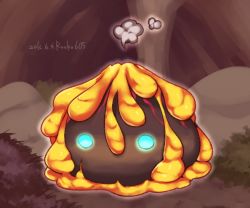 Rule 34 | blue eyes, commentary request, dated, full body, glowing, glowing eyes, looking at viewer, magmaring, lava, no humans, no mouth, ragnarok online, rouko605, simple background, slime (creature), smoke