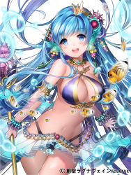 Rule 34 | 1girl, aile (crossroads), armlet, bare shoulders, blue eyes, blue hair, bracelet, breasts, cleavage, cleavage cutout, clothing cutout, fish, hair ornament, highres, hip focus, jewelry, large breasts, long hair, lots of jewelry, matching hair/eyes, midriff, navel, original, shiny skin, smile, solo, sousei ragnavein, staff, thigh gap, water drop