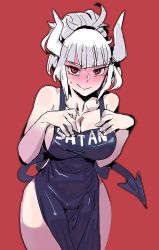 Rule 34 | 1girl, apron, arms up, bare arms, bare hips, bare legs, bare shoulders, black apron, black tail, blush, bow (bhp), breasts, cleavage, clothes writing, demon girl, demon horns, demon tail, full-face blush, hands on own breasts, helltaker, horns, large breasts, looking at viewer, lucifer (helltaker), medium hair, mole, mole under eye, monster girl, naked apron, no bra, no legwear, no panties, no undershirt, ponytail, red background, red eyes, short hair, simple background, smile, solo, sweat, sweatdrop, tail, thick thighs, thighs, white hair, white horns