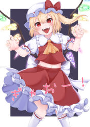 Rule 34 | 1girl, arms up, ascot, black background, blonde hair, censored, claw pose, commentary request, cowboy shot, fangs, flandre scarlet, hair between eyes, hat, highres, kneehighs, looking at viewer, midriff, mob cap, navel, one side up, open mouth, petticoat, pointless censoring, puffy short sleeves, puffy sleeves, red eyes, red skirt, red vest, remitei03, shirt, short hair, short sleeves, simple background, skirt, socks, solo, standing, teeth, touhou, translation request, upper teeth only, vest, white hat, white shirt, white socks, wings, yellow ascot
