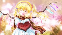 Rule 34 | 1girl, blonde hair, blush, breath, rabbit, buttons, candy, chocolate, chocolate heart, coat, contemporary, earmuffs, english text, closed eyes, female focus, flandre scarlet, food, giving, headband, heart, incoming gift, lace, light, multicolored background, open mouth, religious offering, scarf, scrunchie, short hair, side ponytail, solo, touhou, tsukiori sasa, valentine, wings