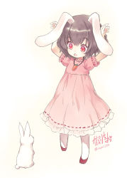 Rule 34 | 1girl, aged down, animal ears, arms up, bad id, bad pixiv id, black hair, capriccio, carrot, dress, gradient background, hibanar, highres, inaba tewi, jewelry, necklace, open mouth, pendant, pink dress, pink eyes, puffy sleeves, rabbit, rabbit ears, rabbit pose, short hair, solo, touhou