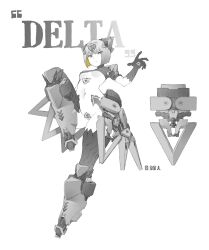 Rule 34 | 1girl, armor, arrow (symbol), blonde hair, body markings, breasts, closed mouth, colored inner hair, cyborg, expressionless, eyes visible through hair, full body, groin, hand up, headgear, highres, knee up, liren44, looking at viewer, machine, mechanical arms, mechanical legs, metal, monochrome, multicolored hair, navel, original, science fiction, short hair, shoulder armor, sideways glance, simple background, small breasts, solo, spot color, stomach, underboob