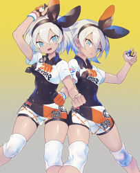Rule 34 | 2girls, aqua eyes, bea (pokemon), black bodysuit, black hairband, bodysuit, bodysuit under clothes, breasts, clenched hand, clone, closed mouth, collared shirt, commentary request, covered navel, creatures (company), dark-skinned female, dark skin, dynamax band, game freak, gloves, grey hair, gym leader, hair between eyes, hairband, highres, holding, holding poke ball, knee pads, looking at viewer, multiple girls, natsuiro xx, nintendo, open mouth, poke ball, pokemon, pokemon swsh, print shirt, print shorts, shirt, short sleeves, shorts, single glove, teeth, tied shirt, ultra ball