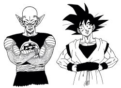 Rule 34 | 2boys, antennae, black eyes, black hair, black shirt, clenched teeth, clothes writing, commentary request, crossed arms, dougi, dragon ball, dragon ball (classic), dragonball z, frown, greyscale, grin, hands on own hips, head tilt, high contrast, highres, lee (dragon garou), looking at another, male focus, monochrome, multiple boys, piccolo daimaou, pointy ears, serious, shirt, simple background, sleeveless, sleeveless shirt, smile, son goku, spiked hair, teeth, time paradox, upper body, white background, wristband