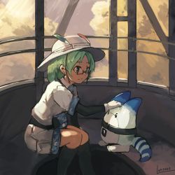 Rule 34 | 10s, 1girl, artist name, belt pouch, bench, bodysuit, bodysuit under clothes, bucket hat, cable car, chair, cloud, commentary request, creature, glasses, green eyes, green hair, hat, hat feather, kemono friends, lansane, long sleeves, lucky beast (kemono friends), mirai (kemono friends), headpat, short hair, short sleeves, shorts, sitting, sky, smile, tail