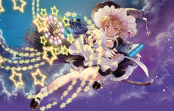 Rule 34 | 1girl, aiming, aiming at viewer, album cover, alternate weapon, blonde hair, bow, braid, broom, broom riding, cloud, cover, danmaku, dress, dual wielding, grin, gun, handgun, hat, holding, kirisame marisa, looking at viewer, mahouka koukou no rettousei, mary janes, parody, pistol, shoes, smile, solo, star (sky), star (symbol), sugi, touhou, weapon, witch hat