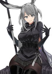 Rule 34 | 1girl, :d, animal ears, arknights, belt, black cape, black footwear, black gloves, black pantyhose, black shirt, boots, cape, cowboy shot, gloves, grey eyes, hands up, highres, holding, holding weapon, id card, long hair, looking at viewer, open mouth, pantyhose, rabbit ears, savage (arknights), sentou kouhei kitsune, shirt, simple background, sitting, sleeveless, sleeveless shirt, smile, solo, teeth, thigh boots, thighhighs, thighhighs under boots, two side up, upper teeth only, weapon, white background, white hair