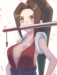 Rule 34 | 1girl, bare shoulders, breasts, brown eyes, brown hair, cleavage, fatal fury, hand fan, highres, large breasts, long hair, ooiwa (irc14786149), ponytail, shiranui mai, sleeveless, the king of fighters