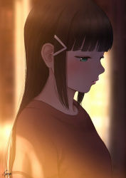 Rule 34 | 10s, 1girl, backlighting, bad id, bad pixiv id, black hair, blunt bangs, blurry, blurry background, closed mouth, from side, green eyes, hair ornament, hairclip, half-closed eyes, highres, kurosawa dia, long hair, looking down, love live!, love live! sunshine!!, mole, mole under mouth, papi (papiron100), red shirt, shirt, sidelocks, signature, solo, upper body