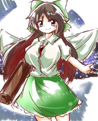Rule 34 | 1girl, arm cannon, black hair, blush, bow, breasts, brown eyes, cape, cocked eyebrow, enostal, gradient hair, hair bow, highres, large breasts, looking at viewer, multicolored hair, red hair, reiuji utsuho, skirt, smile, solo, third eye, touhou, weapon, wings