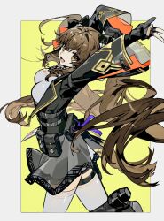 Rule 34 | 1girl, arm up, black bow, black footwear, black gloves, black skirt, bow, breasts, brown eyes, girls&#039; frontline, girls&#039; frontline 2: exilium, gloves, hair bow, hand up, highres, inset border, libuqilai, long hair, looking at viewer, open mouth, partially fingerless gloves, skirt, smile, solo, thighhighs, twintails, two-tone background, type 97 (girls&#039; frontline), white background, white thighhighs, yellow background