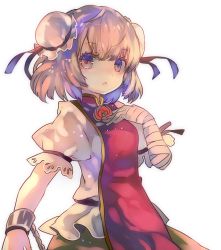 Rule 34 | 1girl, bandaged arm, bandages, bow, bun cover, cha goma, chain, cuffs, double bun, flower, hair bun, highres, ibaraki kasen, looking at viewer, open mouth, pink eyes, pink hair, puffy sleeves, rose, shirt, short hair, short sleeves, simple background, skirt, solo, tabard, touhou, white background