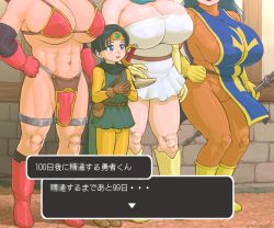 Rule 34 | 1boy, 3girls, abs, armor, bikini armor, bodysuit, boots, breasts, bulge, cameltoe, cleavage, dragon quest, dragon quest iii, dress, gloves, japanese text, large breasts, merotoron, multiple girls, muscular, muscular female, priest (dq3), roto (dq3), sage (dq3), skirt, soldier (dq3), square enix, sword, translation request, weapon