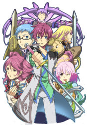 Rule 34 | 3girls, 4boys, asbel lhant, bad id, bad pixiv id, brothers, cheria barnes, glasses, green shirt, hubert ozwell, malik caesars, multicolored hair, multiple boys, multiple girls, pascal (tales), richard (tales), shirt, siblings, sinaooo, sophie (tales), staff, sword, tales of (series), tales of graces, twintails, two-tone hair, two side up, weapon