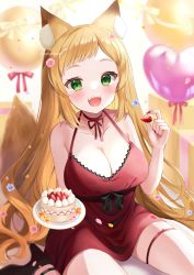 Rule 34 | 1girl, :d, animal ear fluff, animal ears, balloon, black bow, black footwear, blonde hair, bow, breasts, cake, choker, cleavage, collarbone, commentary, copyright request, dress, dress bow, food, fruit, green eyes, halter dress, halterneck, hamico, high heels, highres, holding, holding plate, large breasts, long hair, looking at viewer, nail polish, open mouth, plate, red dress, red nails, red ribbon, ribbon, ribbon choker, sitting, sleeveless, sleeveless dress, smile, solo, strawberry, swept bangs, thigh strap, thighs, twitter username, very long hair, virtual youtuber, wariza