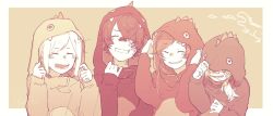Rule 34 | 2boys, 2girls, bandaid, bandaid on face, brown background, cosplay, covering face, dinosaur, closed eyes, flower (vocaloid), fukase, hair over one eye, highres, hood, kigurumi, long hair, mi no take, monochrome, multiple boys, multiple girls, sepia, sf-a2 miki, simple background, upper body, utatane piko, vocaloid