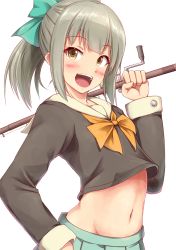 Rule 34 | 10s, 1girl, blush, bow, brown eyes, commentary request, crop top, crop top overhang, fishing rod, green hair, grey hair, hair bow, highres, ichikawa feesu, kantai collection, midriff, navel, open mouth, ponytail, school uniform, serafuku, smile, solo, stomach, tank top, yuubari (kancolle)