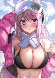Rule 34 | 1girl, :o, ame sagari, arm behind head, arm up, bikini, black bikini, blue archive, blue sky, blush, breasts, cloud, cloudy sky, day, down jacket, eimi (blue archive), eimi (swimsuit) (blue archive), goggles, goggles on head, hair between eyes, halo, hand up, highres, jacket, large breasts, long hair, looking at viewer, off shoulder, official alternate costume, open clothes, open jacket, outdoors, parted lips, pink eyes, pink hair, pink halo, pink jacket, scarf, single bare shoulder, ski goggles, sky, solo, sweatdrop, swimsuit, upper body, white scarf, zipper