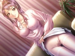 Rule 34 | 1girl, blouse, blush, bra, breasts, buttons, censored, chain, covered erect nipples, earrings, eyebrows, game cg, ijichi miho, jewelry, large breasts, lips, lipstick, long hair, makeup, nail, nipples, open mouth, pink eyes, pink hair, purple hair, pussy juice, shirt, smile, sodom no shima: night of blind, solo, teeth, underwear