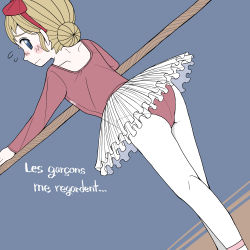 Rule 34 | 1girl, ass, ballerina, barre, blonde hair, blue eyes, blush, bow, chignon, eikoku shinshi (pixiv 19831720), embarrassed, flying sweatdrops, french text, from behind, hair bow, hair bun, hairband, highres, leotard, long sleeves, looking at viewer, looking back, red bow, red leotard, skirt, tutu, white skirt