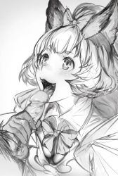 Rule 34 | 10s, 1girl, :3, :d, animal ears, aos, blush, bow, breasts, cat ears, censored, cleavage, fangs, fellatio, gloved handjob, gloves, granblue fantasy, greyscale, hair bow, handjob, karuteira, licking, male pubic hair, monochrome, mosaic censoring, one side up, open mouth, oral, penis, pointless censoring, pubic hair, short hair, simple background, smile, solo focus, white background