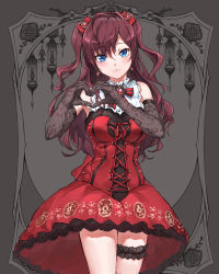 Rule 34 | 1girl, :3, absurdres, bare shoulders, black gloves, blue eyes, breasts, brown hair, corset, dress, earrings, elbow gloves, gloves, hair ribbon, heart, heart hands, highres, ichinose shiki, idolmaster, idolmaster cinderella girls, idolmaster cinderella girls starlight stage, jewelry, kohinata (sdu0628), lace, lace gloves, large breasts, long hair, looking at viewer, red corset, red dress, red ribbon, ribbon, short dress, sleeveless, sleeveless dress, smile, solo, thigh strap, two side up, wavy hair