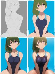 Rule 34 | 1girl, absurdres, blue background, border, breast press, breasts, cleavage, collarbone, commentary request, competition swimsuit, covered navel, edgar syu, green hair, hair between eyes, highres, light blush, looking at viewer, making-of, medium breasts, one-piece swimsuit, outside border, purple eyes, side ponytail, signature, smug, sousou no frieren, swimsuit, twitter username, ubel (sousou no frieren), v arms, wet, white border