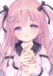 Rule 34 | 1boy, 1girl, bed sheet, black sailor collar, blush, collarbone, commentary request, crying, crying with eyes open, detached sleeves, grey nails, hair ornament, hand grab, heart, heart hair ornament, highres, long hair, long sleeves, looking at viewer, lying, nail polish, on back, original, out of frame, parted lips, pink hair, puffy long sleeves, puffy sleeves, purple eyes, sailor collar, shirt, sleeveless, sleeveless shirt, sleeves past wrists, smile, tears, two side up, upper body, usashiro mani, very long hair, white shirt, white sleeves