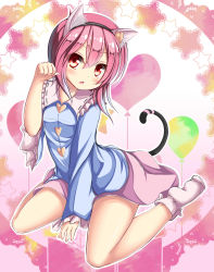 Rule 34 | 1girl, absurdres, animal ears, balloon, blue shirt, blush, cat ears, cat tail, collared shirt, commentary request, frilled shirt collar, frilled sleeves, frills, gradient background, head, headband, heart, heart balloon, highres, komeiji satori, mochizuki hull, no shoes, open mouth, paw pose, pink background, pink hair, pink legwear, pink skirt, red eyes, shirt, short hair, skirt, solo, star (symbol), tail, touhou, white background, wide sleeves