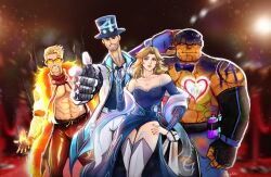 1girl 3boys aztexarts bare_shoulders beard ben_grimm blonde_hair blue_eyes blush breasts dress earrings facial_hair fantastic_four fire formal_clothes gloves hat highres jewelry johnny_storm long_hair looking_at_viewer marvel marvel_rivals multiple_boys reed_richards smile sue_storm thighhighs