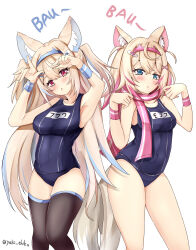 Rule 34 | 2girls, absurdres, animal ear fluff, animal ears, arm up, armpits, arms up, black thighhighs, blonde hair, blue eyes, blue hair, blue one-piece swimsuit, blush, breasts, dog ears, dog girl, dog tail, ebiko yaki, fuwawa abyssgard, hair ornament, hairpin, highres, hololive, hololive english, large breasts, long hair, looking at viewer, medium hair, mococo abyssgard, multicolored hair, multiple girls, one-piece swimsuit, open mouth, pink eyes, pink hair, pink scarf, scarf, school swimsuit, siblings, sisters, small breasts, streaked hair, swimsuit, tail, thighhighs, twins, virtual youtuber, white background, x hair ornament