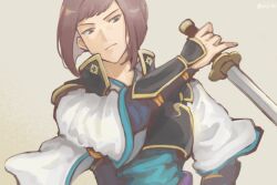 Rule 34 | 1boy, armor, blunt bangs, brown eyes, brown hair, eifilet, facing viewer, fire emblem, fire emblem fates, hisame (fire emblem), holding, holding sword, holding weapon, japanese armor, katana, looking to the side, male focus, medium hair, nintendo, samurai, solo, sword, weapon